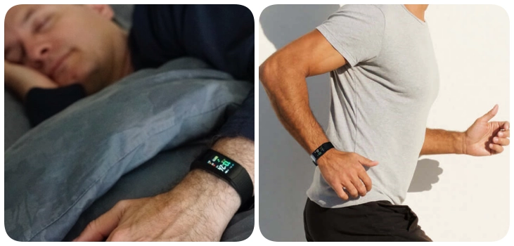 slide a man sleeping and a man running. both wearing a smartwatch